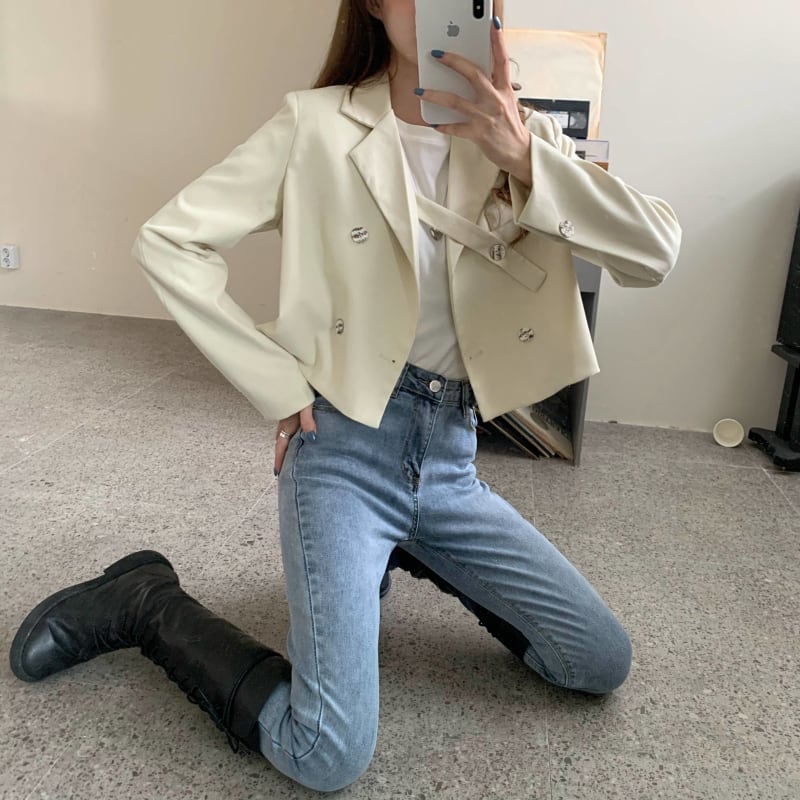 Women'S Cropped Vintage Notched Collar Blazers Office Casual Chic Long Sleeve Suit Coat - TIMESQURE