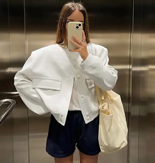 Megfie Womens Cropped Bomber Jacket - TIMESQURE