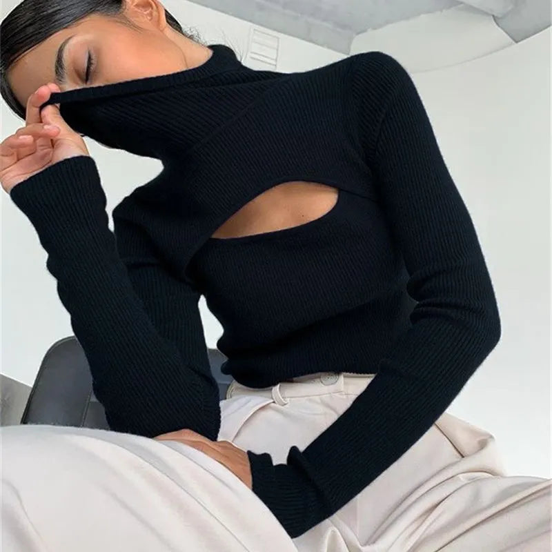 Black T Shirts Knitted Long Sleeve Crop Top - TIMESQURE