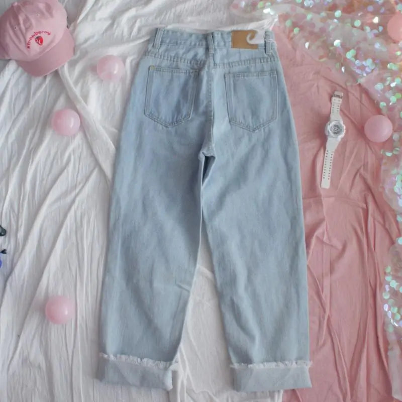 Heart Embroidery Denim Pants - TIMESQURE