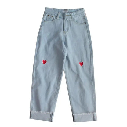 Heart Embroidery Denim Pants - TIMESQURE