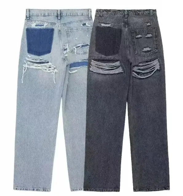 Perforated Hole Decoration Loose Jeans - TIMESQURE