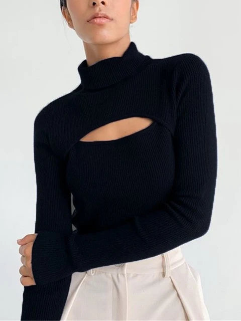 Black T Shirts Knitted Long Sleeve Crop Top - TIMESQURE