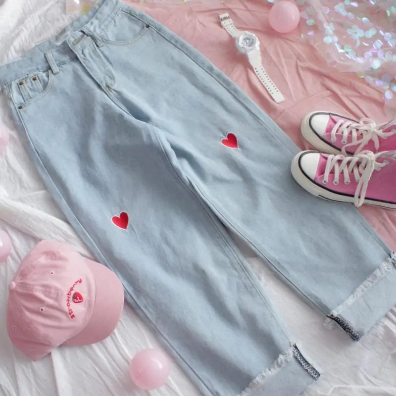 Heart Embroidery Denim Pants - TIMESQURE