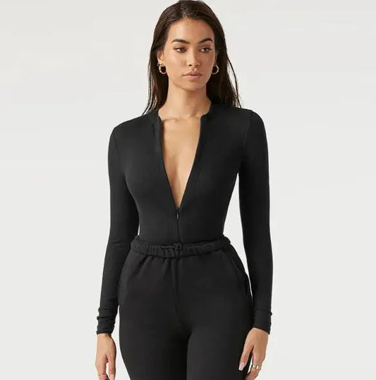 Long Sleeve V-Neck Slim Fit Jumpsuit - TIMESQURE