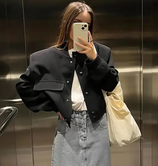 Megfie Womens Cropped Bomber Jacket - TIMESQURE