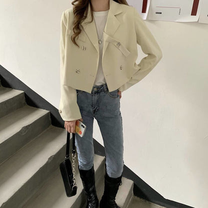 Women'S Cropped Vintage Notched Collar Blazers Office Casual Chic Long Sleeve Suit Coat - TIMESQURE