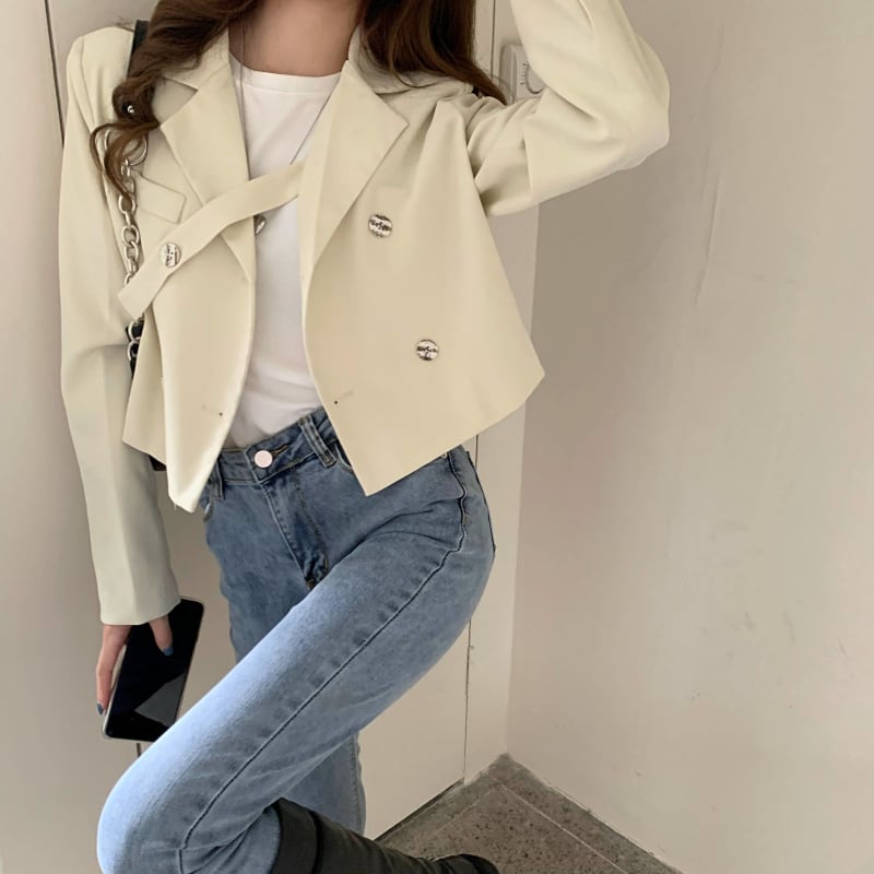 Women'S Cropped Vintage Notched Collar Blazers Office Casual Chic Long Sleeve Suit Coat - TIMESQURE