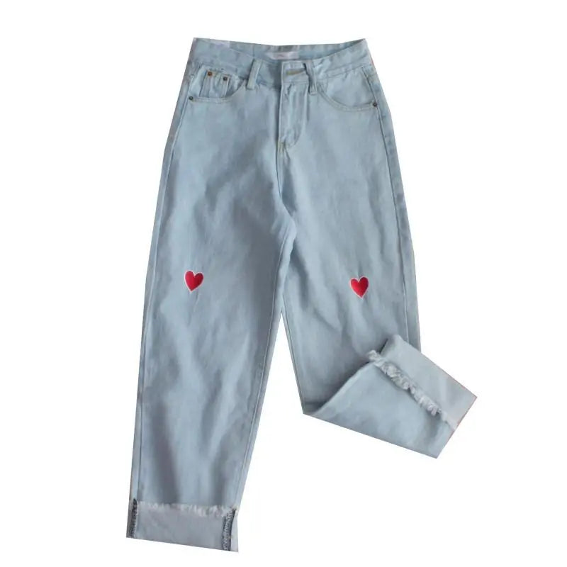 Heart Embroidery Denim Pants - TIMESQURE