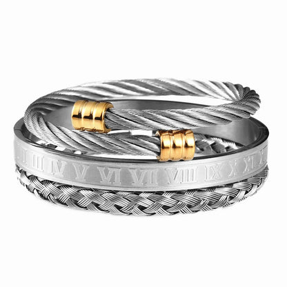 Luxury 3-piece Stainless Steel Bracelet Set with Roman Numeral Charm in Gold Color for Men - TIMESQURE