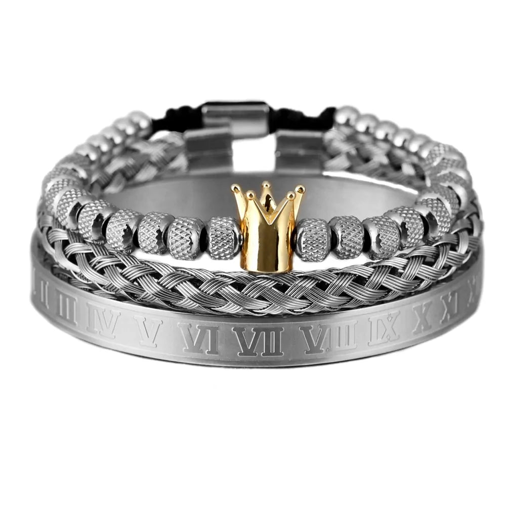 Luxury 3-piece Stainless Steel Bracelet Set with Roman Numeral Charm in Gold Color for Men - TIMESQURE