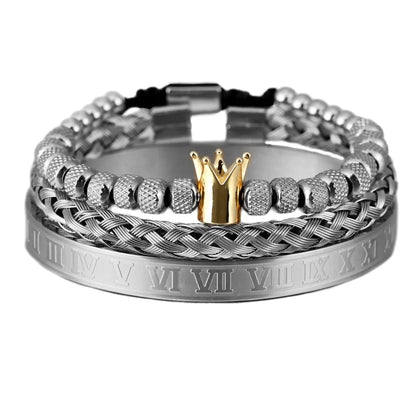 Luxury 3-piece Stainless Steel Bracelet Set with Roman Numeral Charm in Gold Color for Men - TIMESQURE